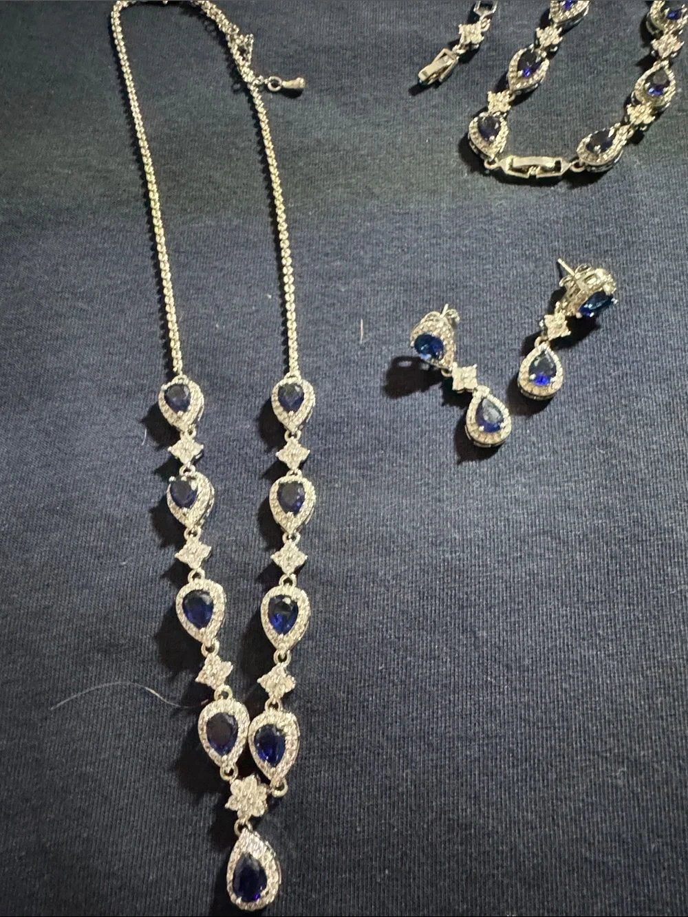 Gold-Tone Blue Teardrop Necklace with Matching Earrings - Classic Evening Set